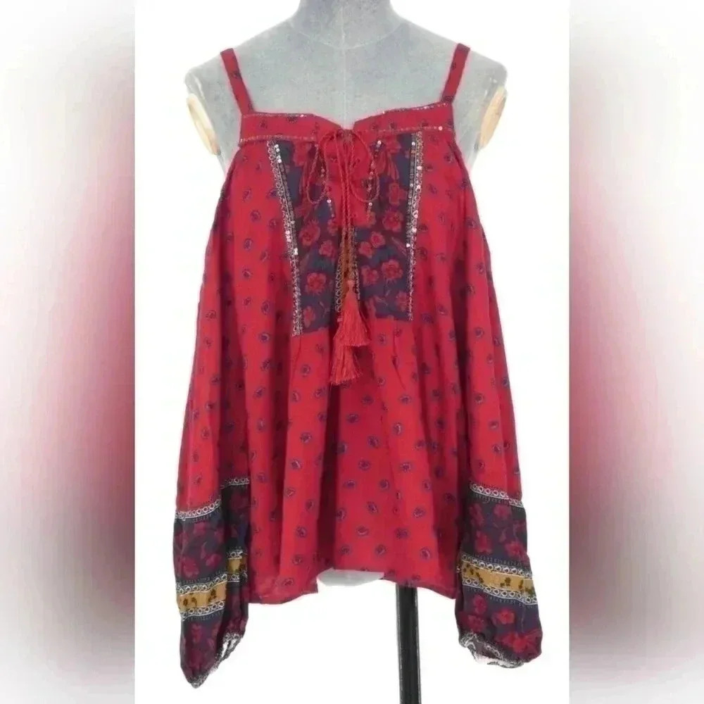 VTG Y2K Abercrombie Fitch Boho Top Cold Shoulder Red Floral Gypsy Size S